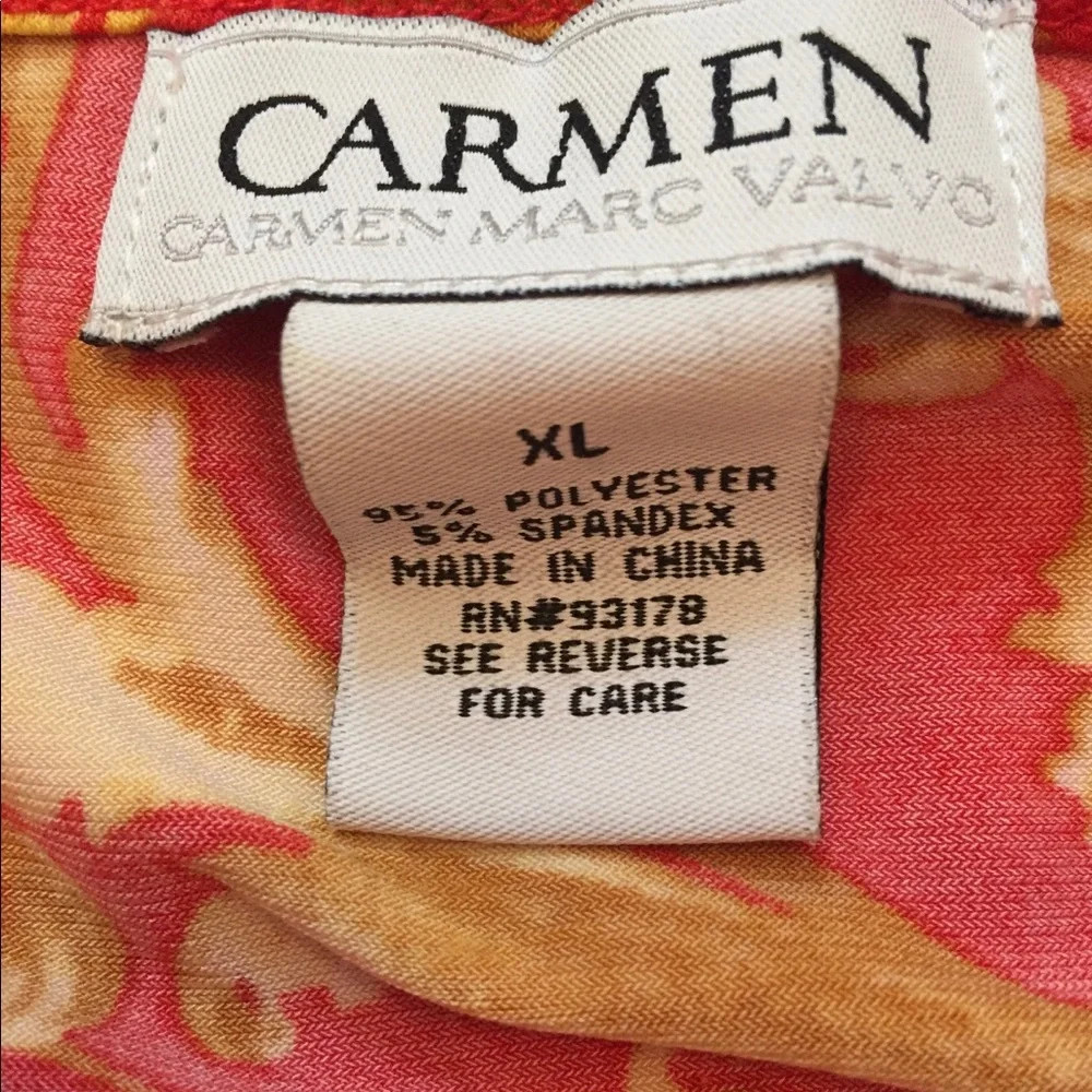 CARMEN MARC VALVO BLOUSE TOP RED GOLD GATHERS STRETCH size XL - Picture 6 of 6